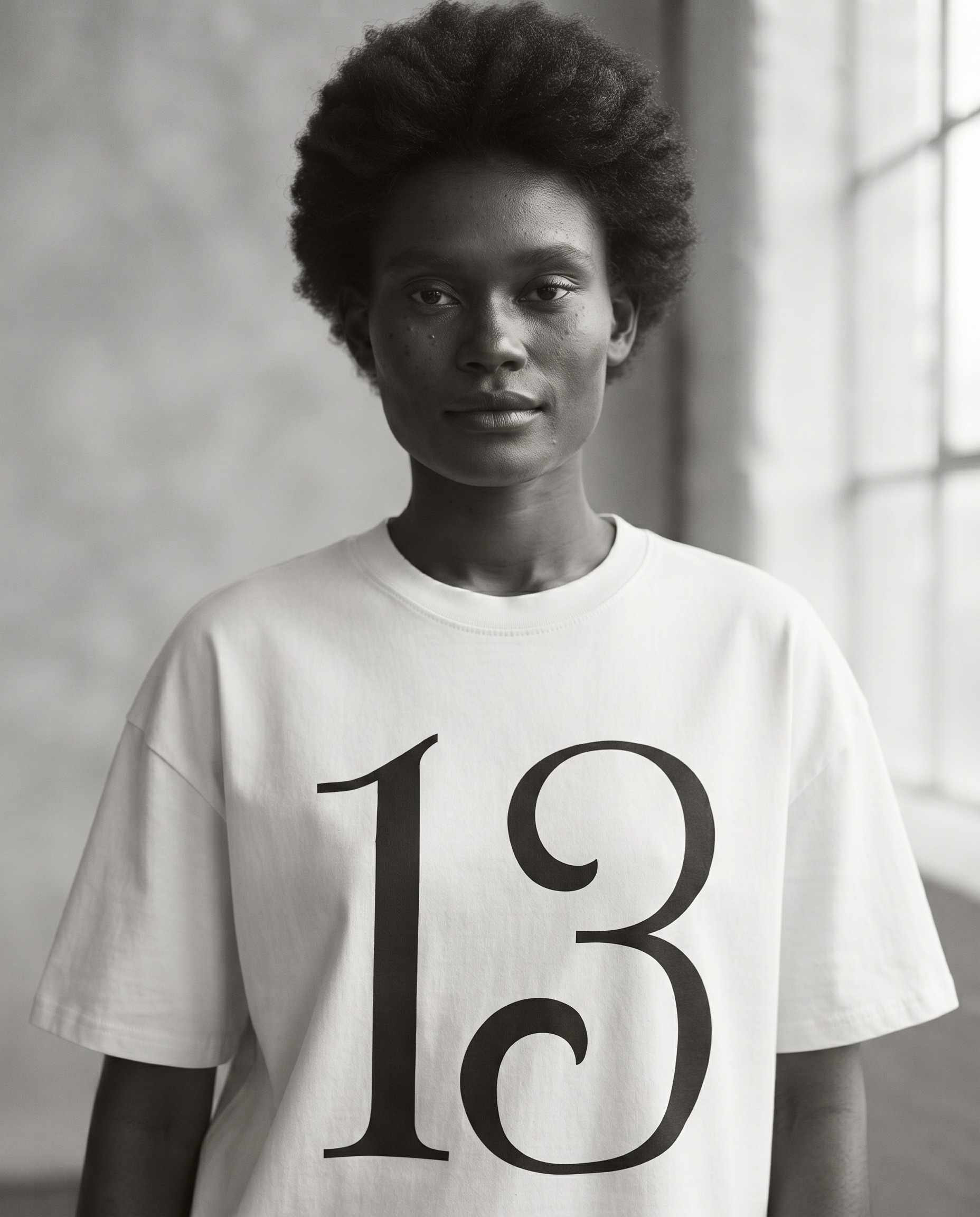 13 T-Shirt by SUPERWAPA, white oversized tee worn by a model