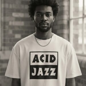 ACID JAZZ T-Shirt by SUPERWAPA, white oversized tee worn by a model