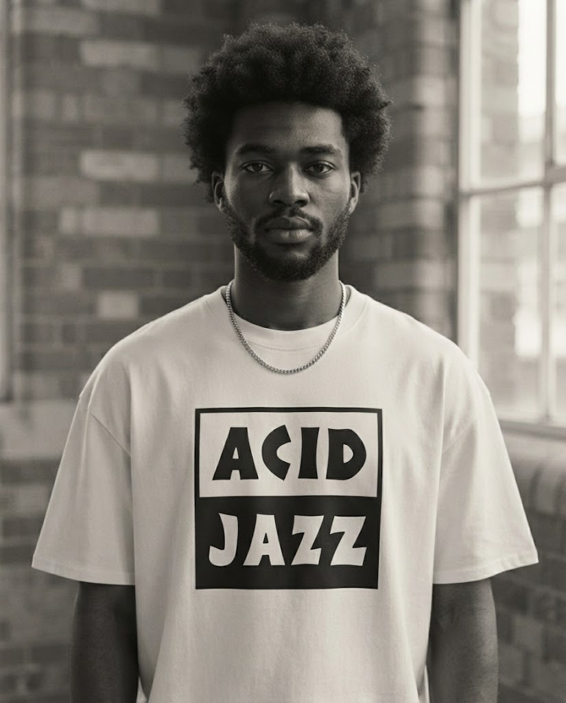 ACID JAZZ T-Shirt by SUPERWAPA, white oversized tee worn by a model