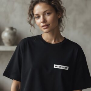 #ACIDHOUSE T-Shirt by SUPERWAPA, black oversized tee worn by a model