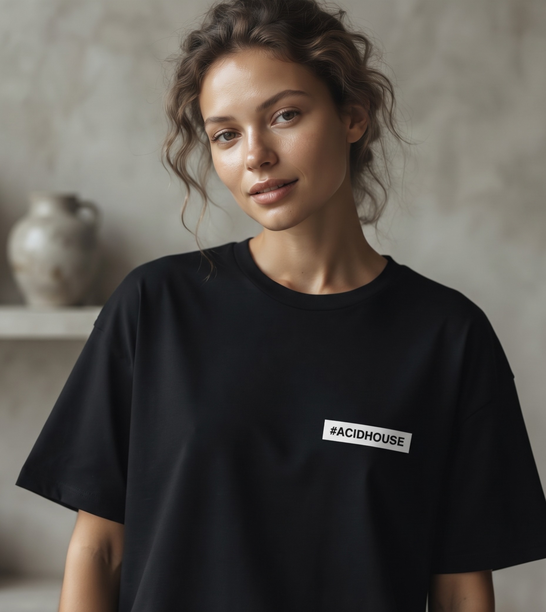 #ACIDHOUSE T-Shirt by SUPERWAPA, black oversized tee worn by a model