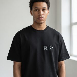 ALIEN T-Shirt by SUPERWAPA, black oversized tee worn by a model