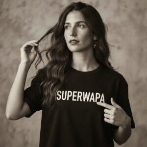 SUPERWAPA Classic T-Shirt, black oversized tee worn by a model