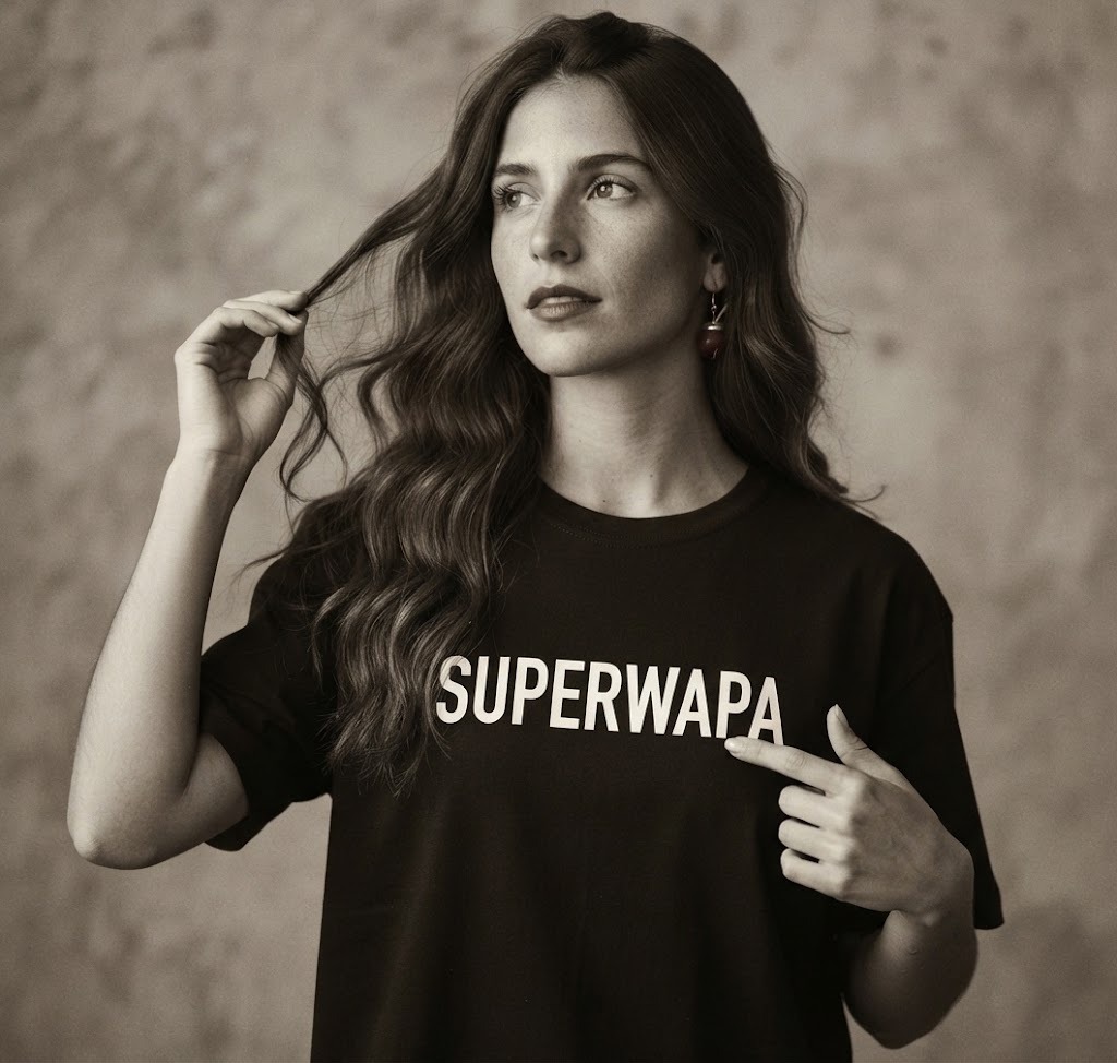 SUPERWAPA Classic T-Shirt, black oversized tee worn by a model