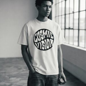 COSMIC VISION T-Shirt by SUPERWAPA, white oversized tee worn by a model