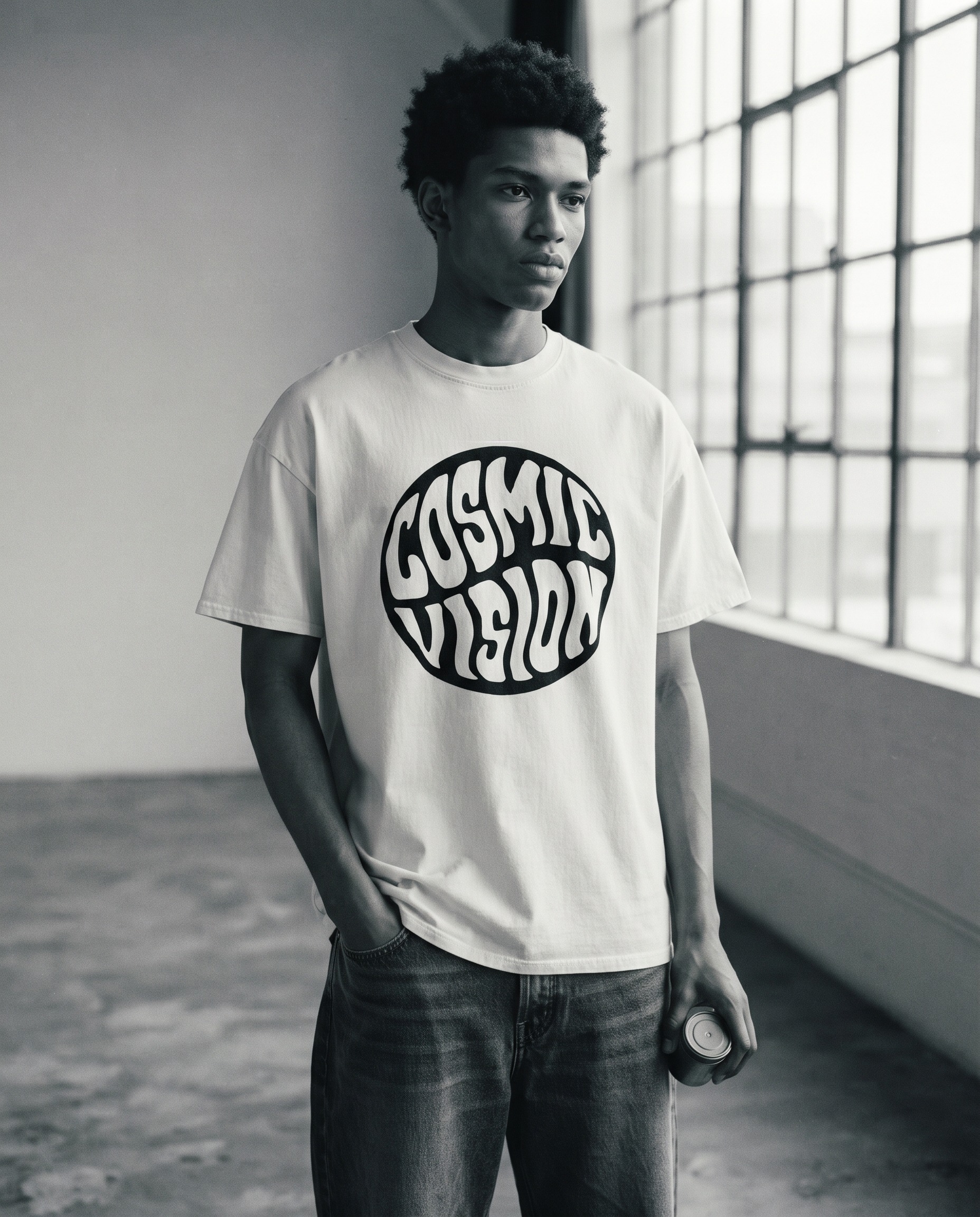 COSMIC VISION T-Shirt by SUPERWAPA, white oversized tee worn by a model