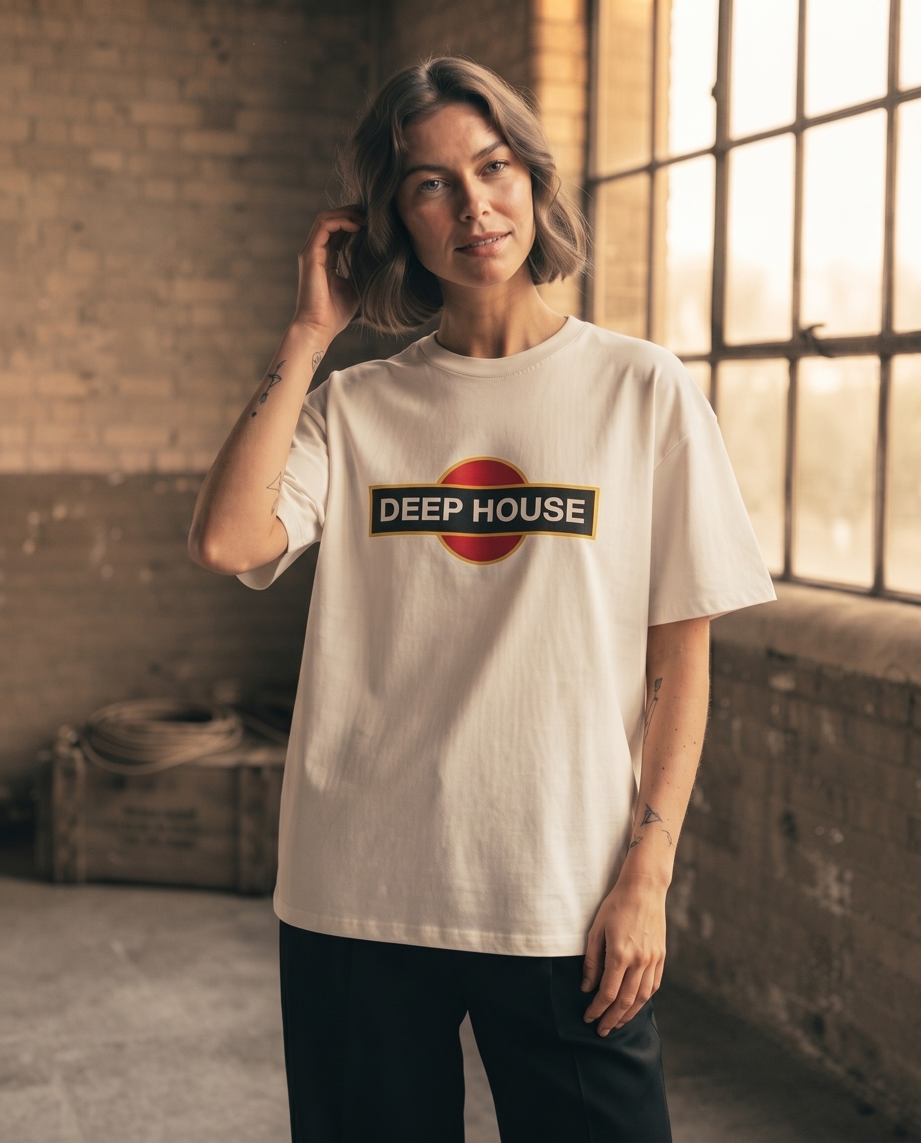 Deep House T-Shirt by SUPERWAPA, white oversized tee worn by a model