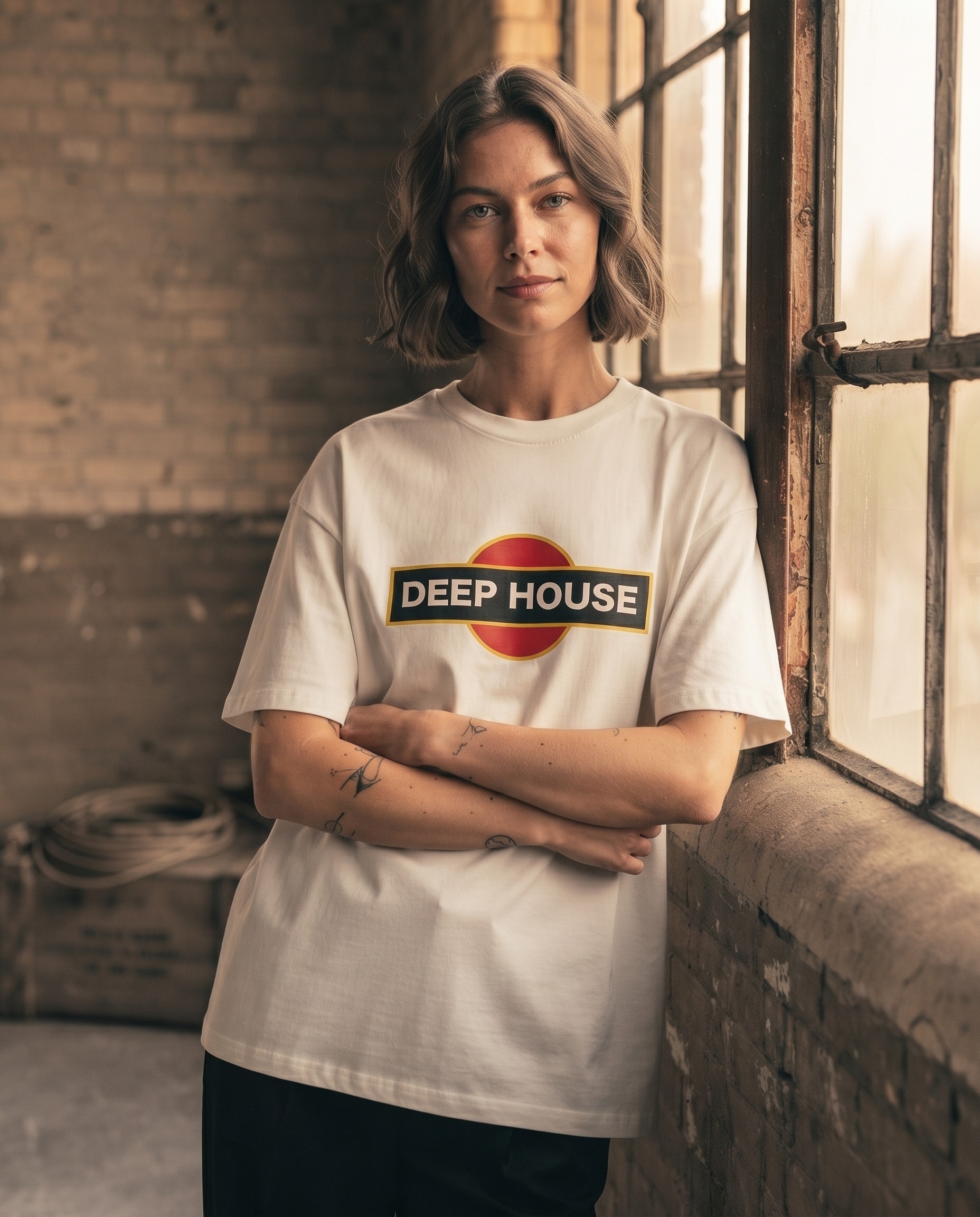 Deep House T-Shirt by SUPERWAPA, white oversized tee worn by a model