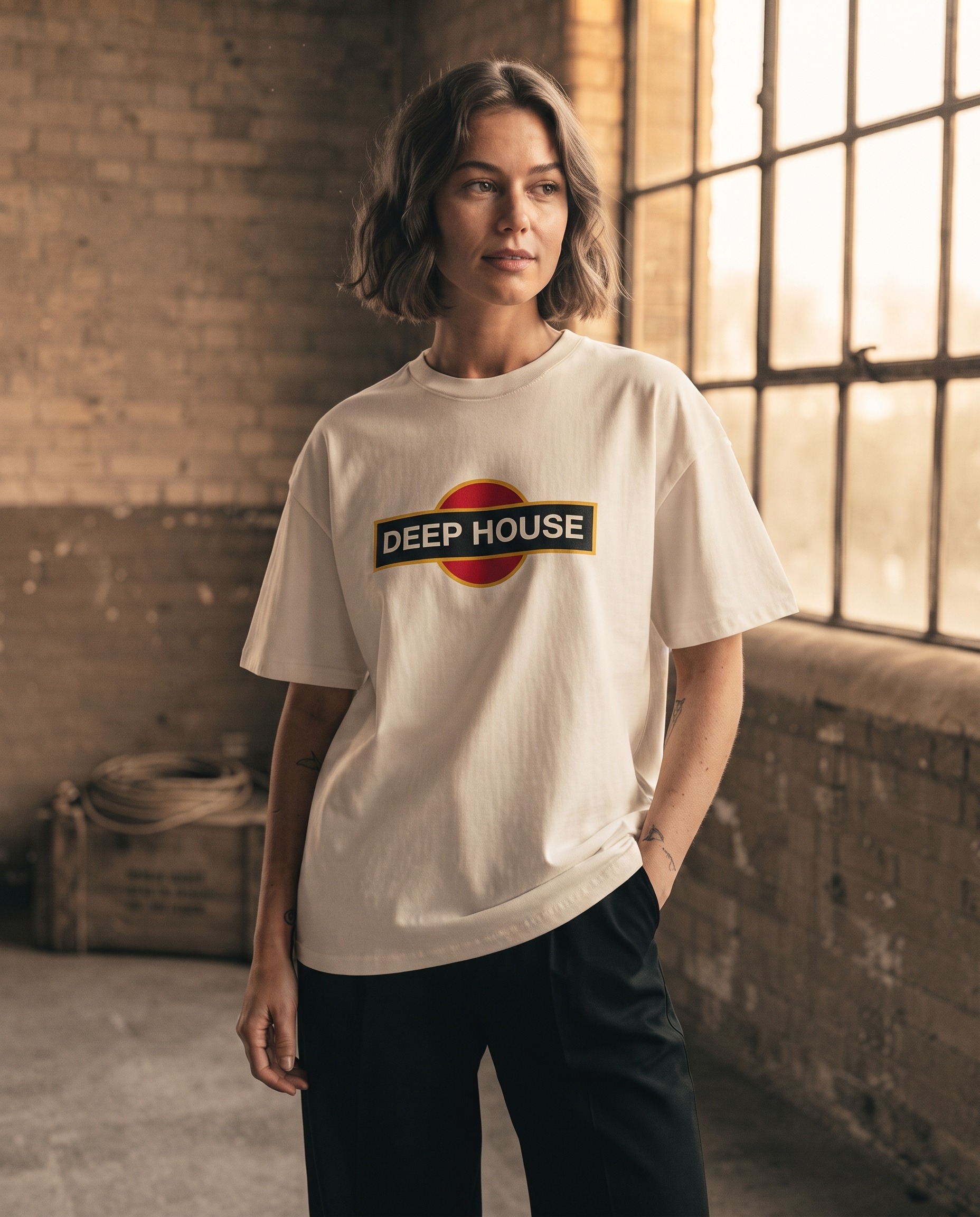 Deep House T-Shirt by SUPERWAPA, white oversized tee worn by a model