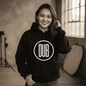 DUB Hoodie by SUPERWAPA, black hoodie worn by a model