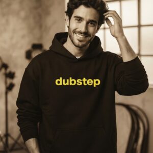 DUBSTEP Hoodie by SUPERWAPA, black hoodie worn by a model