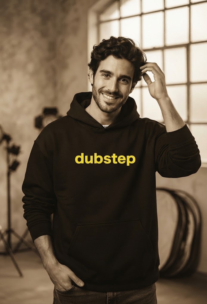 DUBSTEP Hoodie by SUPERWAPA, black hoodie worn by a model