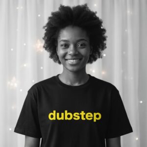 DUBSTEP T-Shirt by SUPERWAPA, black oversized tee worn by a model