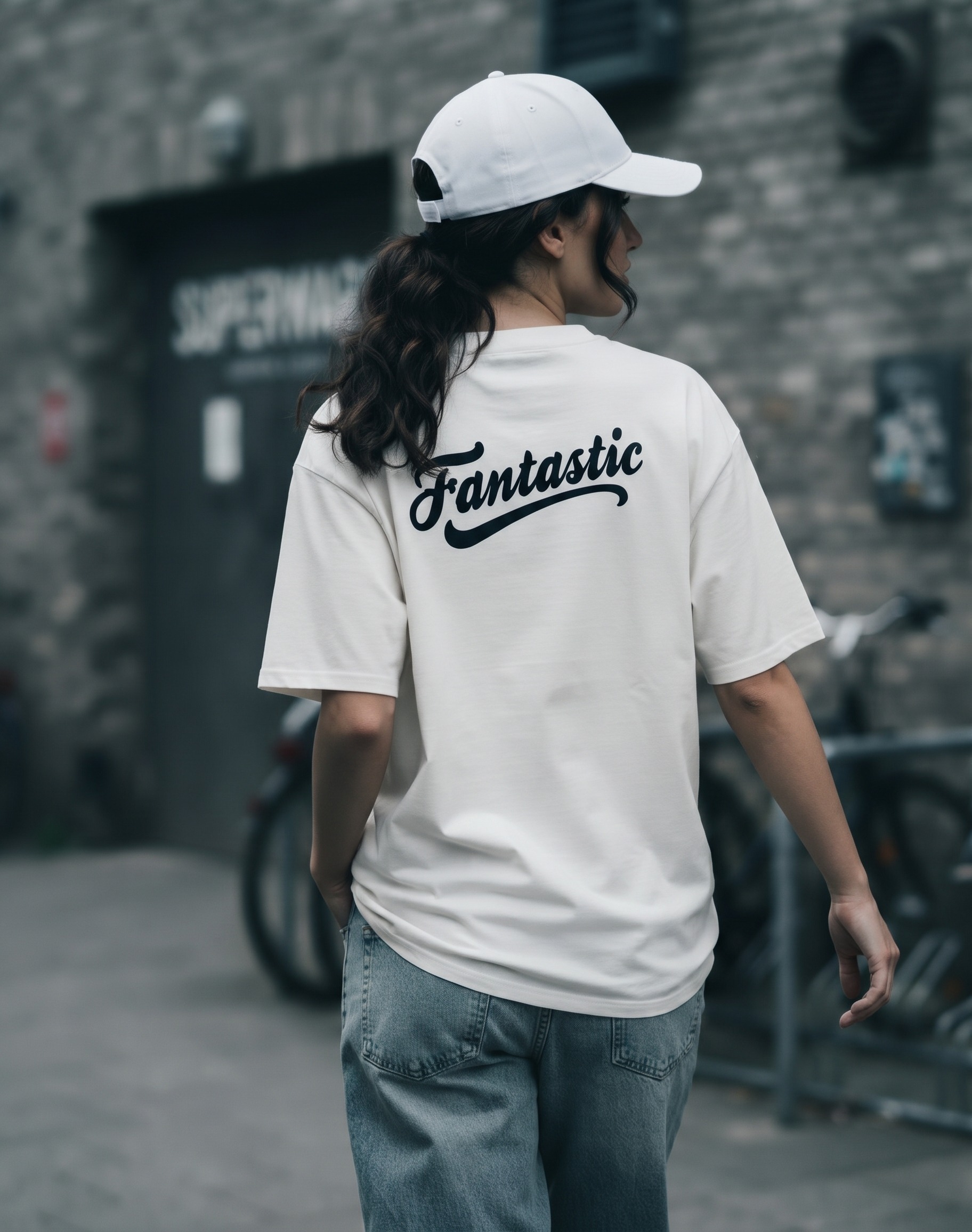 FANTASTIC T-Shirt by SUPERWAPA, white oversized tee with back print worn by a model