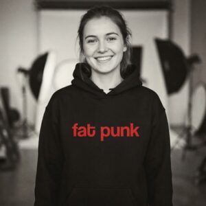 Fat Punk Hoodie by SUPERWAPA, black hoodie with red print worn by a model