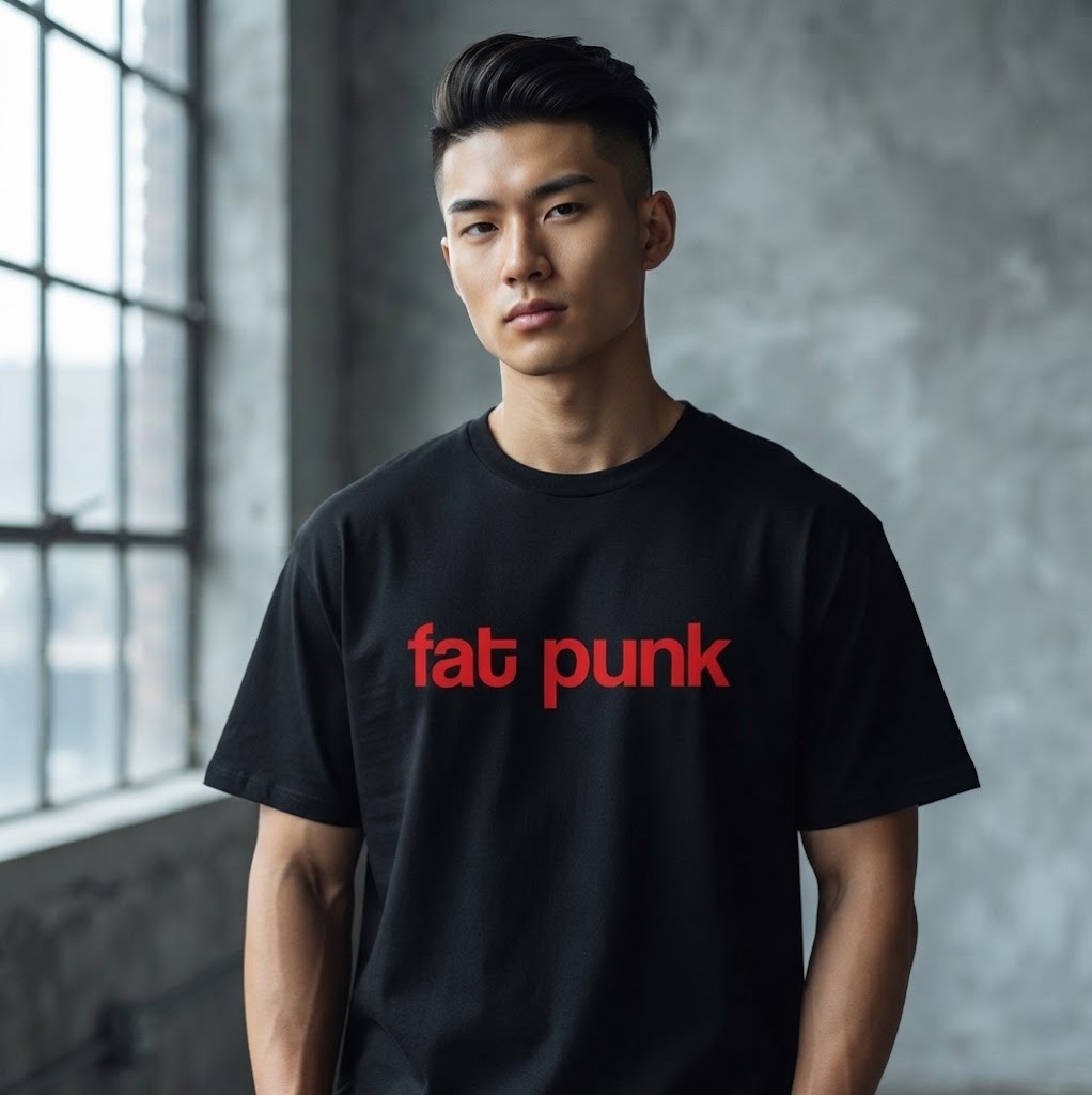 FAT PUNK T-Shirt by SUPERWAPA, black oversized tee with red print worn by a model