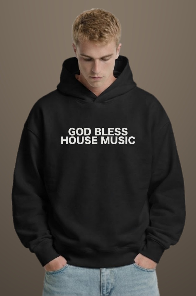 GOD BLESS HOUSE MUSIC Hoodie by SUPERWAPA, black hoodie worn by a model