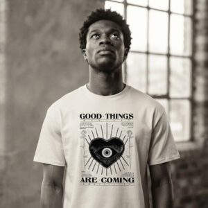 GOOD THINGS ARE COMING T-Shirt by SUPERWAPA, white oversized tee worn by a model