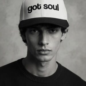 Got Soul Cap by SUPERWAPA, natural and black snapback worn by a model