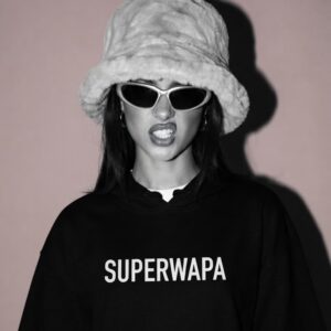 SUPERWAPA Hoodie Black worn by a model