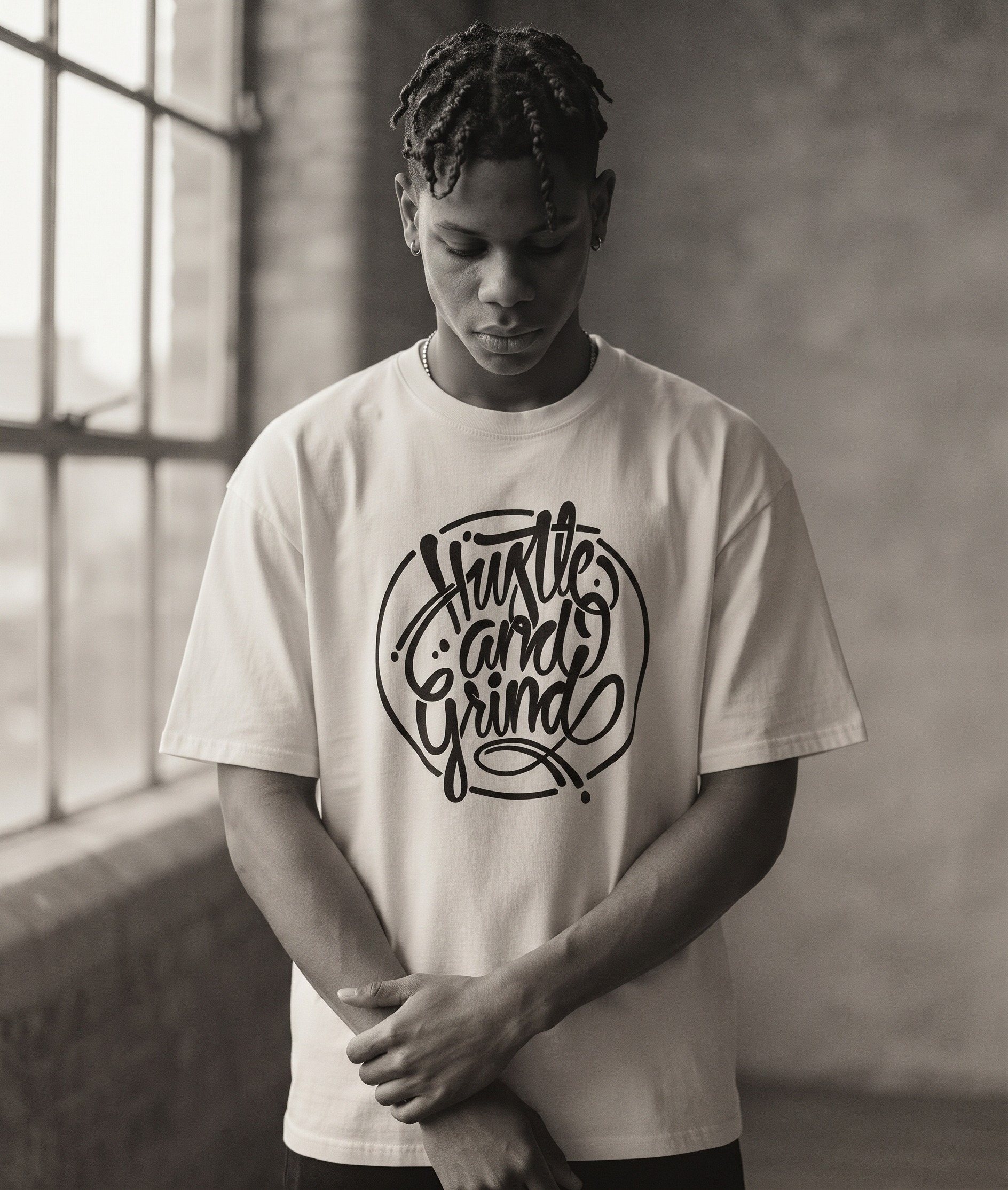 Hustle and Grind T-Shirt by SUPERWAPA, white oversized tee worn by a model