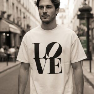 LOVE T-Shirt by SUPERWAPA, white oversized tee worn by a model