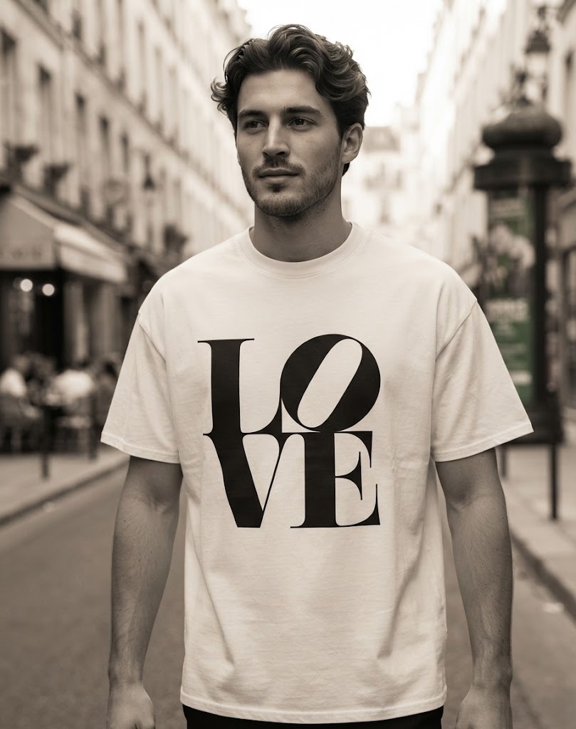 LOVE T-Shirt by SUPERWAPA, white oversized tee worn by a model