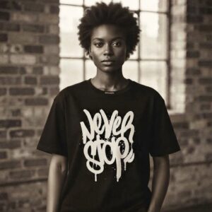 Never Stop T-Shirt by SUPERWAPA, black oversized tee worn by a model