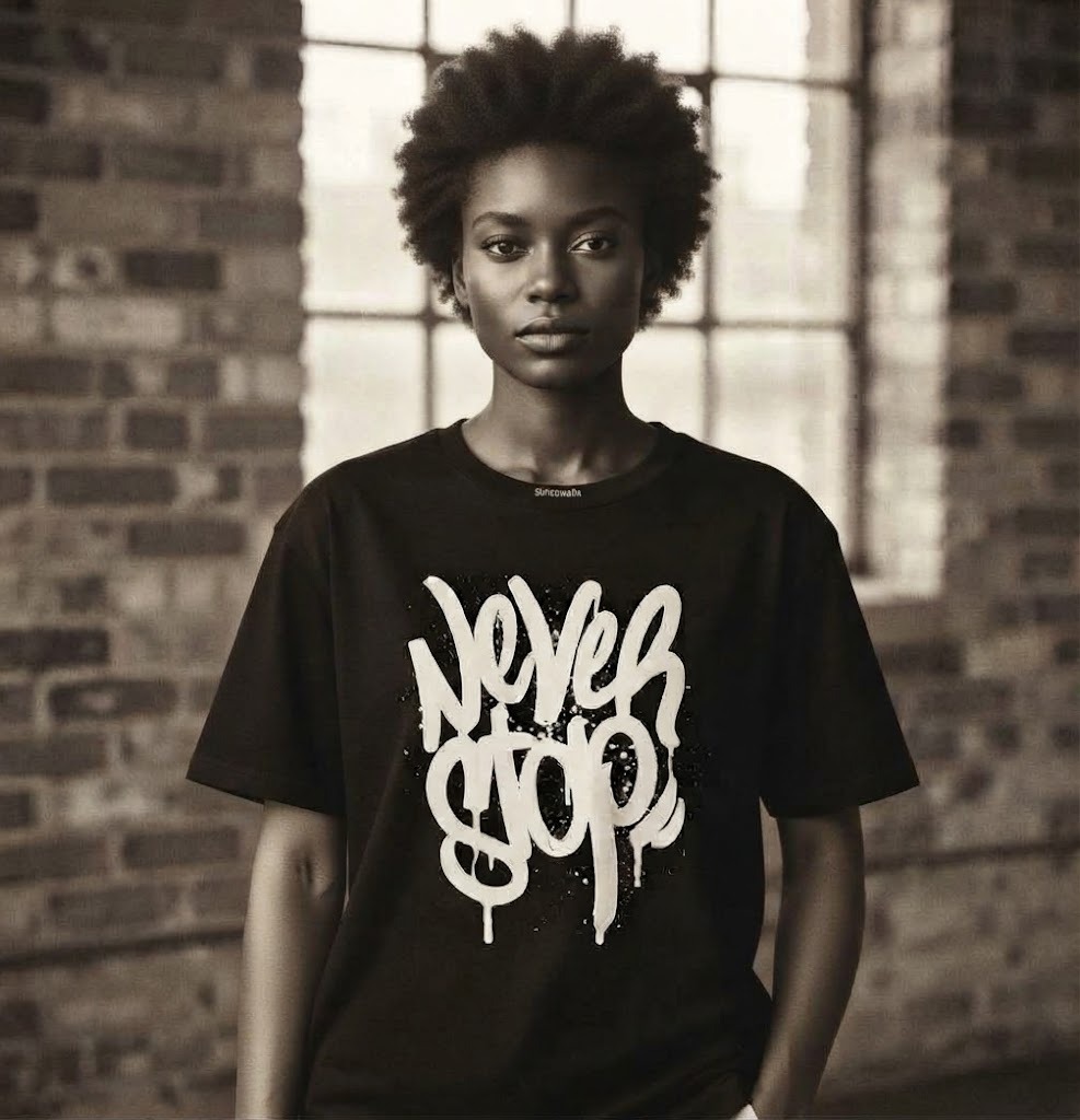 Never Stop T-Shirt by SUPERWAPA, black oversized tee worn by a model