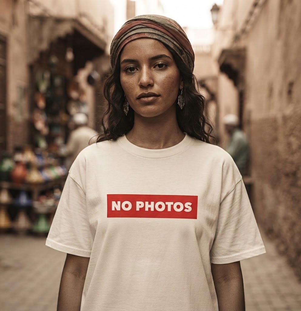 NO PHOTOS T-Shirt by SUPERWAPA, white oversized tee worn by a model