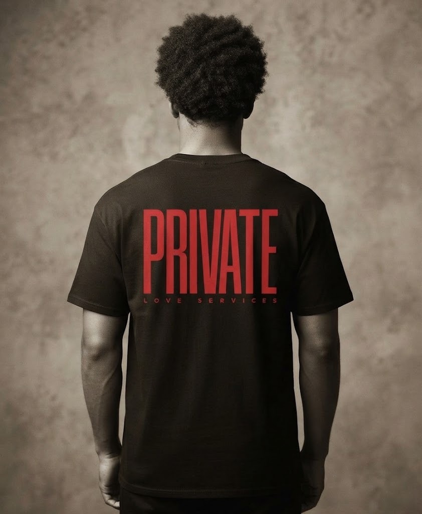 PRIVATE Love Services T-Shirt by SUPERWAPA, back print worn by a model