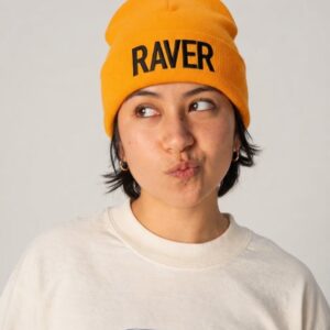 RAVER II gold cuffed beanie by SUPERWAPA worn by a model