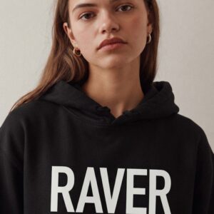 RAVER Hoodie by SUPERWAPA, black hoodie worn by a model