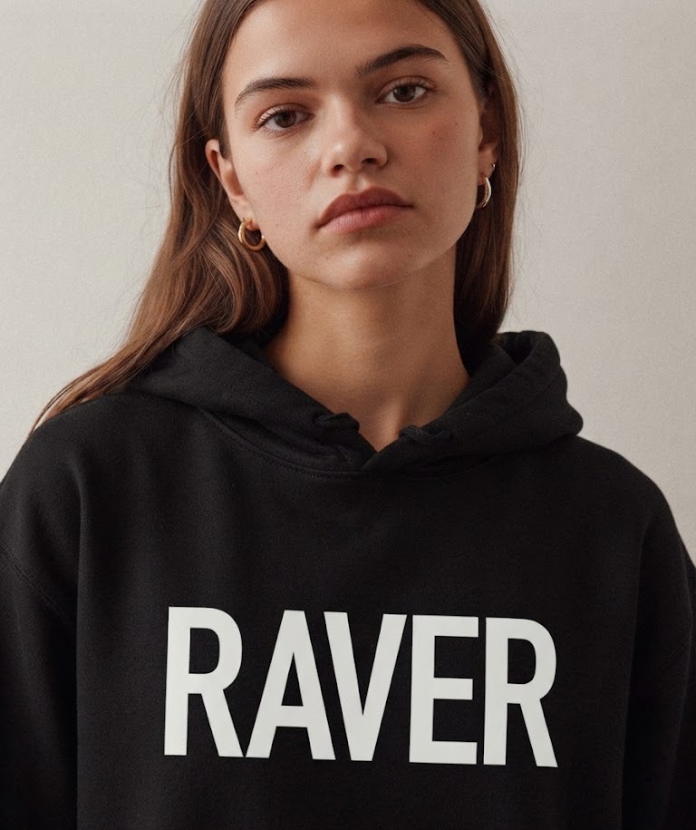 RAVER Hoodie by SUPERWAPA, black hoodie worn by a model