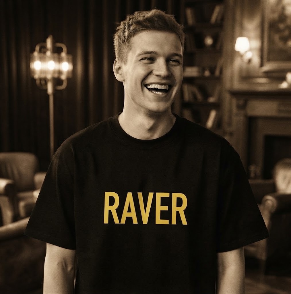 RAVER T-Shirt by SUPERWAPA, black oversized tee worn by a model