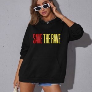 SAVE THE RAVE Hoodie by SUPERWAPA, black hoodie worn by a model