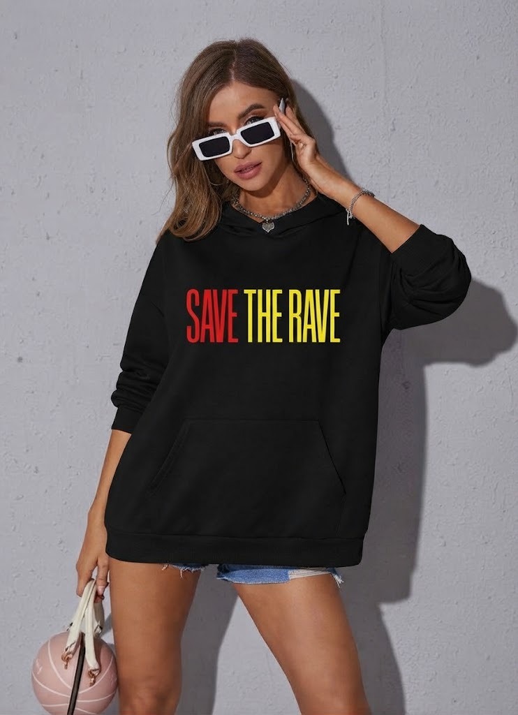 SAVE THE RAVE Hoodie by SUPERWAPA, black hoodie worn by a model